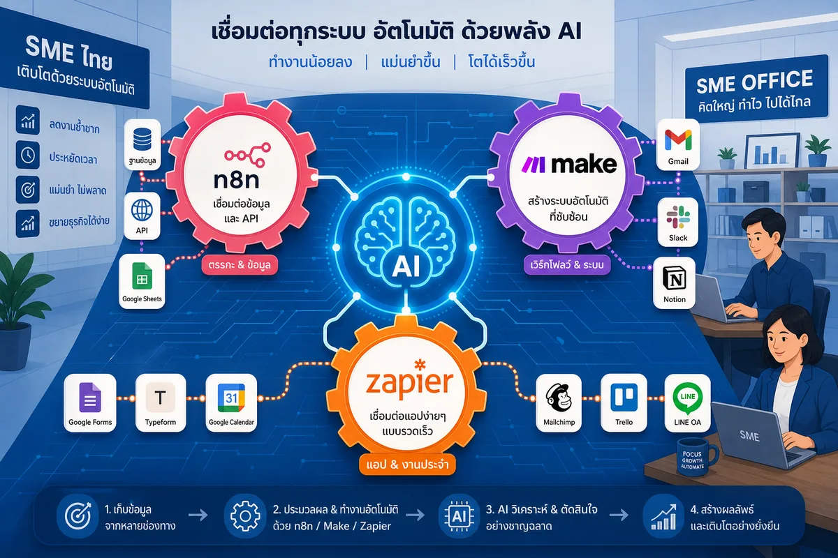 AI Agent และ Automation ธุรกิจไทย: เริ่มต้นกับ n8n, Make, Zapier อย่างไรในปี 2569