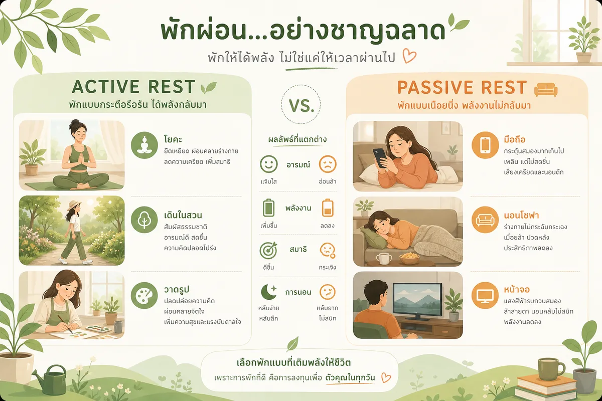 Active Rest คืออะไร: 5 วิธีพักที่หายเหนื่อยจริง vs 3 แบบที่ยิ่งทำยิ่งล้า