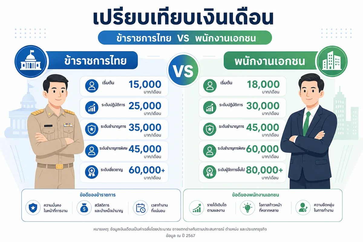 เงินเดือนข้าราชการไทย 2569 เทียบเอกชน: ตัวเลขจริง 8 สายงาน บอกเลยว่าใครได้มากกว่าเมื่อรวมสวัสดิการ