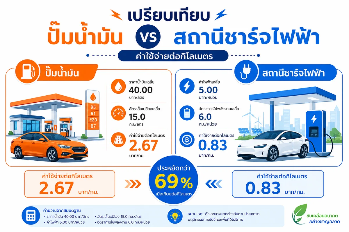 รถ EV กับน้ำมันเบนซิน 2569: ขับปีละ 20,000 กม. ตัวไหนจ่ายถูกกว่ากัน เทียบทีละบาท