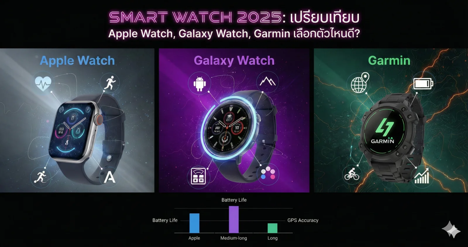 เปรียบเทียบ Smart Watch 2025: Apple Watch 10 vs Galaxy Watch 7 vs Garmin Venu 3