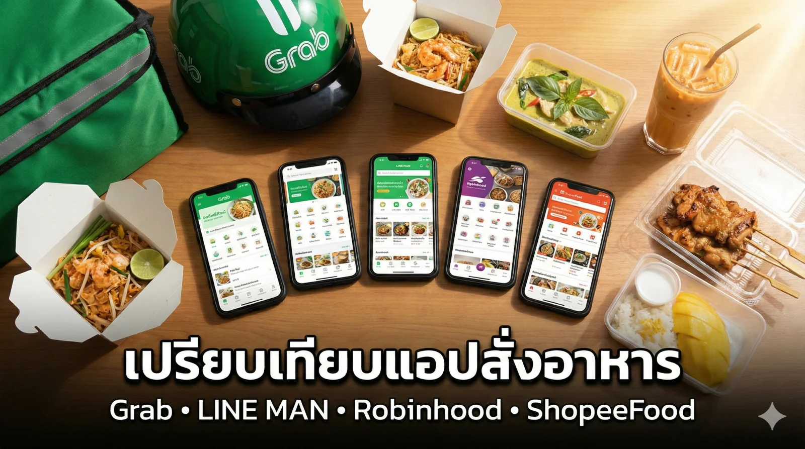 เปรียบเทียบแอปสั่งอาหารในไทย | Grab, LINE MAN, Robinhood, ShopeeFood